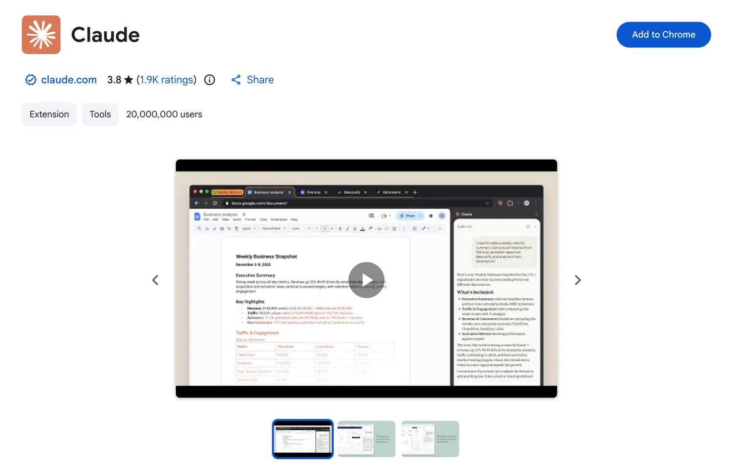 Claude in Chrome extension listing on the Chrome Web Store, by claude.com