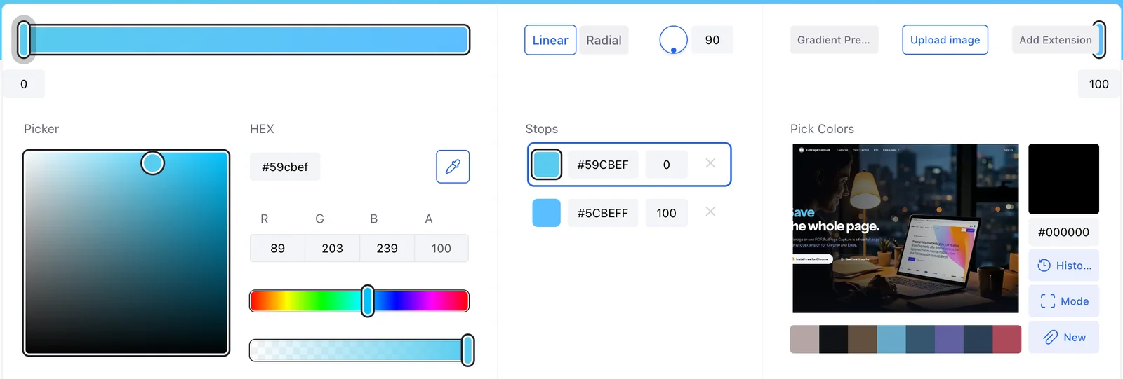 colorspicker.net with a website screenshot uploaded and the brand accent color #59cbef picked with the eyedropper