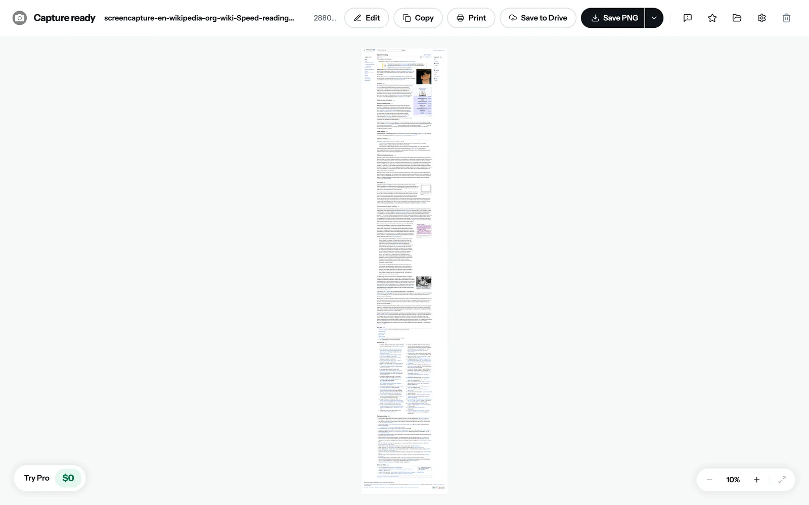 FullPage Capture result tab with Edit, Copy, Print and Save options