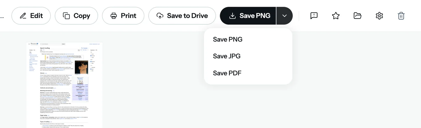 Save menu with Save PNG, Save JPG and Save PDF