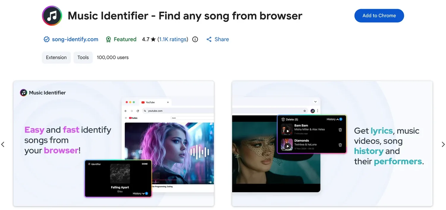 Music Identifier, a song identifier extension, on the Chrome Web Store