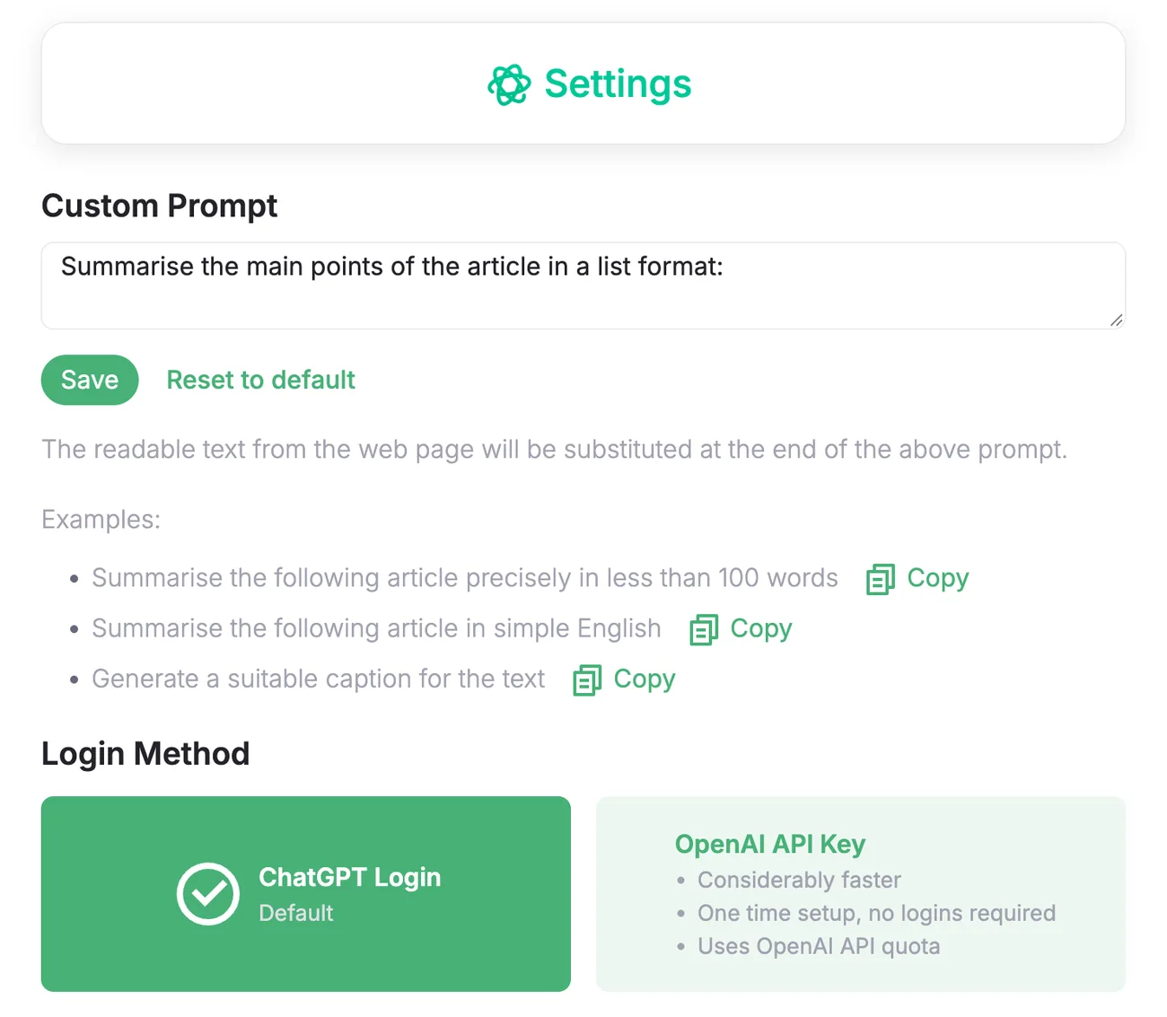 ChatGPT Summary settings: custom prompt, built-in examples and the choice between ChatGPT login and an OpenAI API key